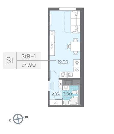 Студия 24.9 м²