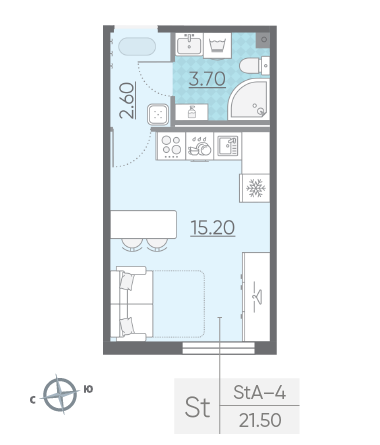Студия 21.5 м²