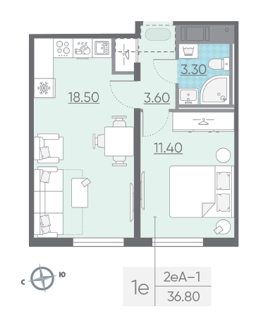 Однокомнатная квартира 36.8 м²