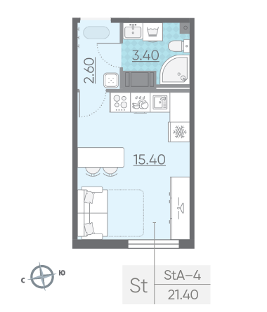 Студия 21.4 м²