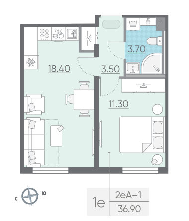 Однокомнатная квартира 36.9 м²