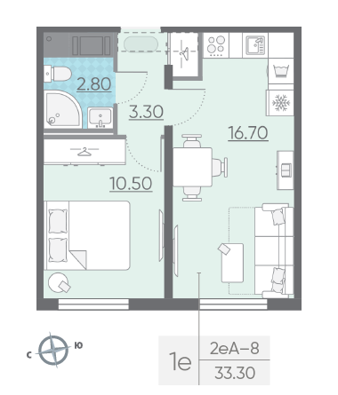 Однокомнатная квартира 33.3 м²