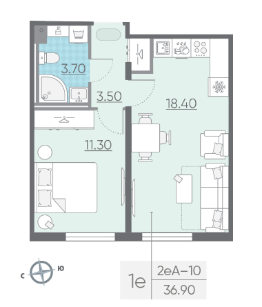 Однокомнатная квартира 36.9 м²