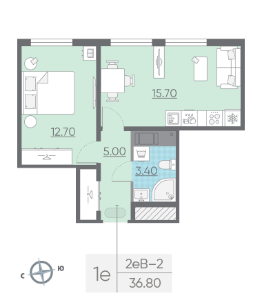 Однокомнатная квартира 36.8 м²