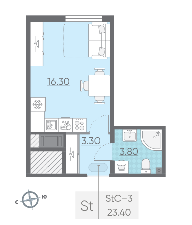 Студия 23.4 м²