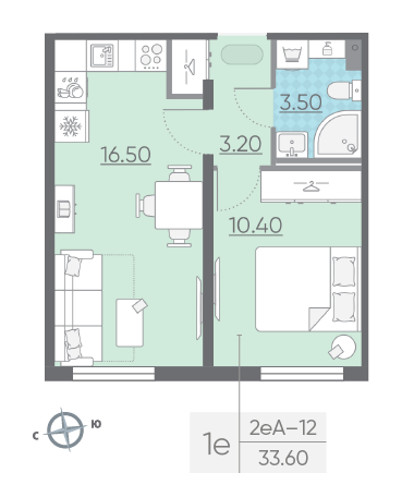 Однокомнатная квартира 33.6 м²