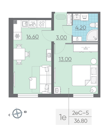 Однокомнатная квартира 36.8 м²