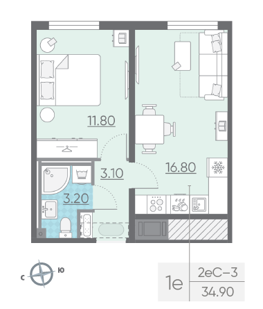 Однокомнатная квартира 34.9 м²