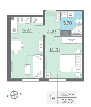 Однокомнатная квартира 36.7 м²