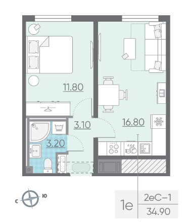Однокомнатная квартира 34.9 м²