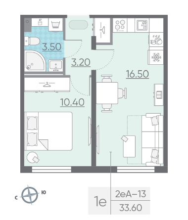 Однокомнатная квартира 33.6 м²