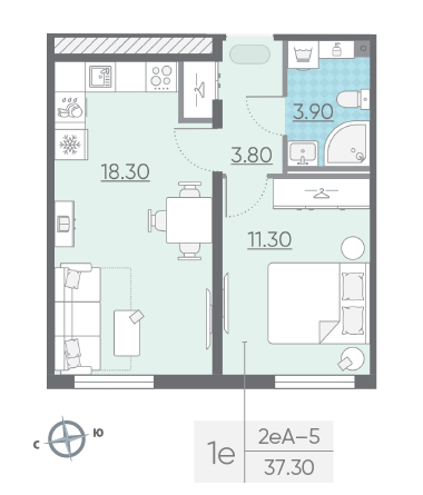Однокомнатная квартира 37.3 м²