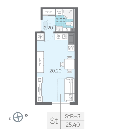 Студия 25.4 м²