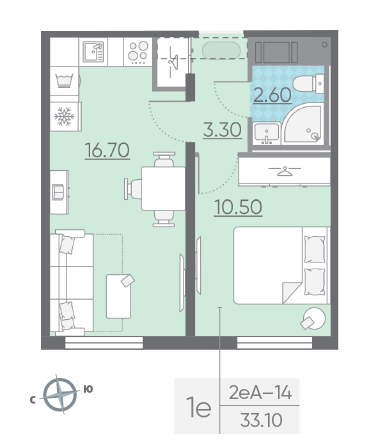 Однокомнатная квартира 33.1 м²