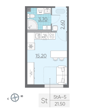 Студия 21.5 м²