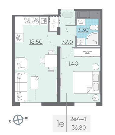 Однокомнатная квартира 36.8 м²