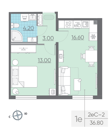 Однокомнатная квартира 36.8 м²