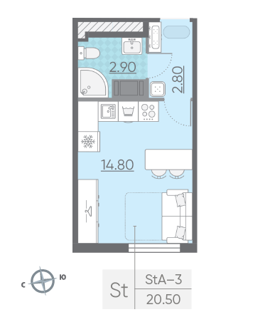 Студия 20.5 м²