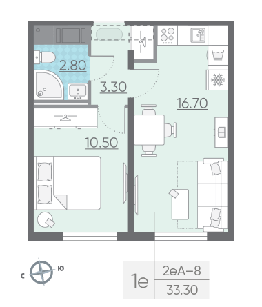 Однокомнатная квартира 33.3 м²