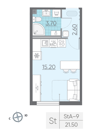 Студия 21.5 м²