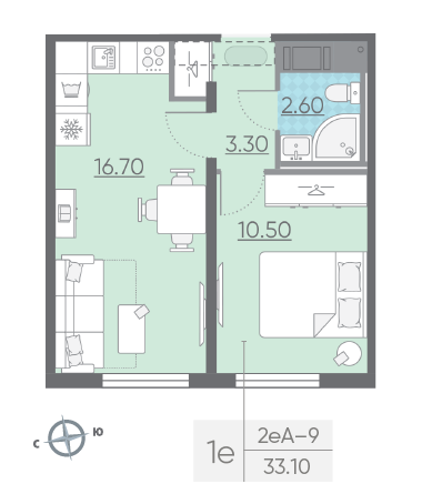 Однокомнатная квартира 33.1 м²