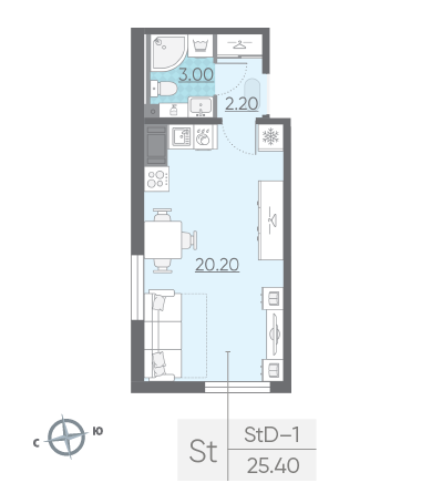 Студия 25.4 м²