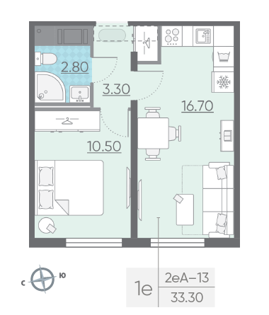 Однокомнатная квартира 33.3 м²