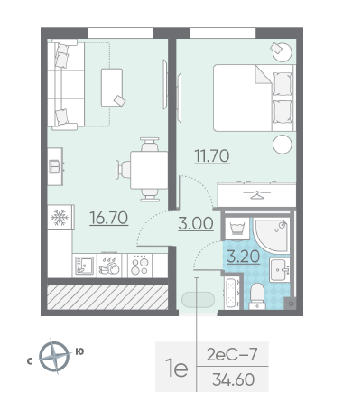 Однокомнатная квартира 34.6 м²