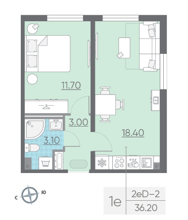 Однокомнатная квартира 36.2 м²