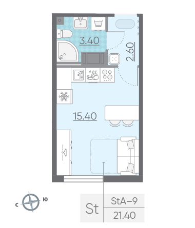 Студия 21.4 м²