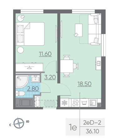 Однокомнатная квартира 36.1 м²