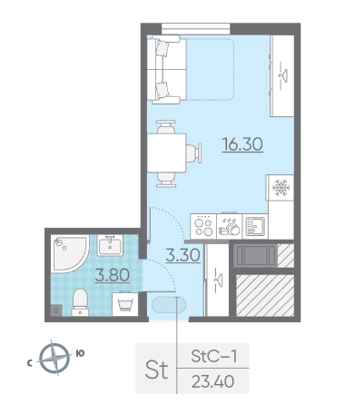 Студия 23.4 м²