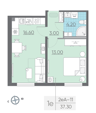 Однокомнатная квартира 37.3 м²