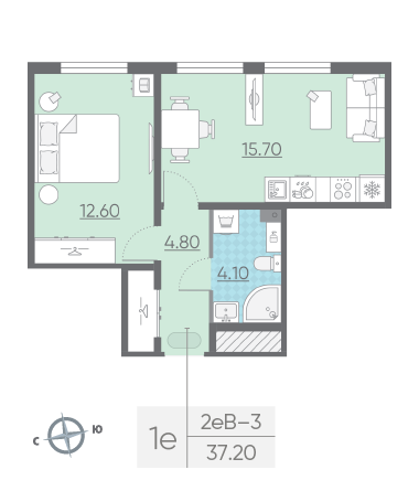 Однокомнатная квартира 37.2 м²