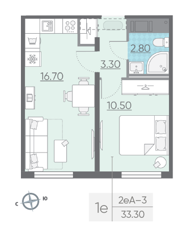 Однокомнатная квартира 33.3 м²