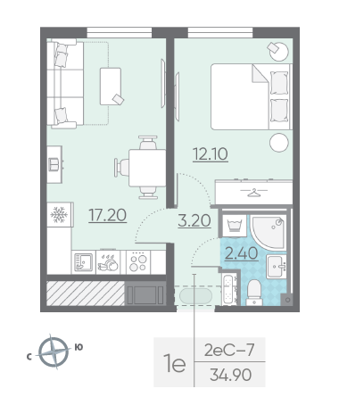 Однокомнатная квартира 34.9 м²