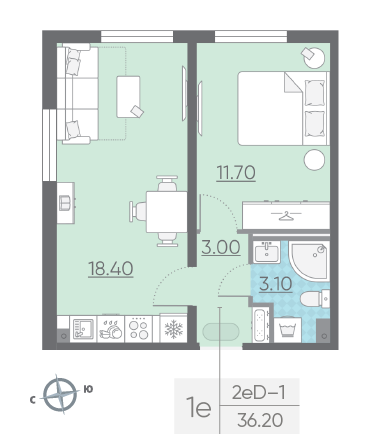 Однокомнатная квартира 36.2 м²