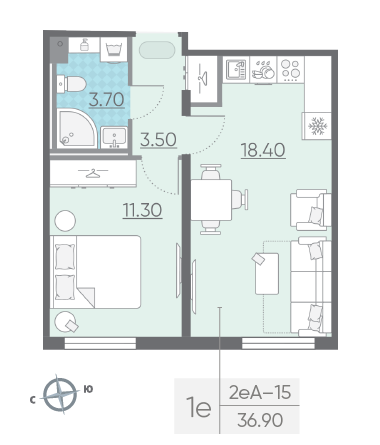 Однокомнатная квартира 36.9 м²