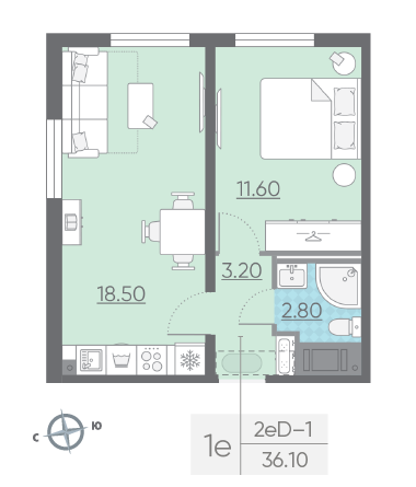 Однокомнатная квартира 36.1 м²