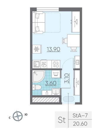 Студия 20.6 м²