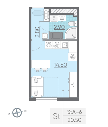 Студия 20.5 м²