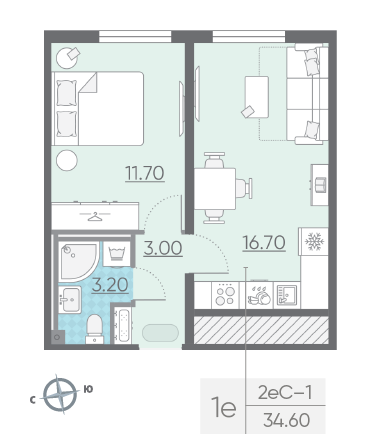 Однокомнатная квартира 34.6 м²