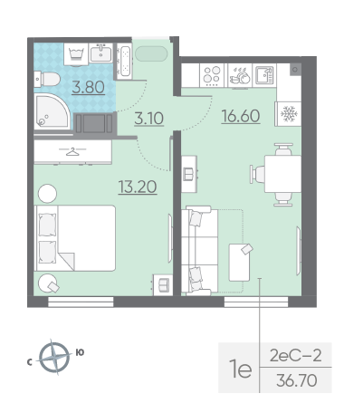 Однокомнатная квартира 36.7 м²