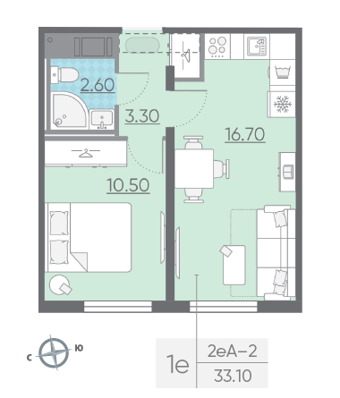 Однокомнатная квартира 33.1 м²