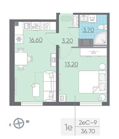 Однокомнатная квартира 36.7 м²