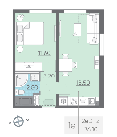 Однокомнатная квартира 36.1 м²