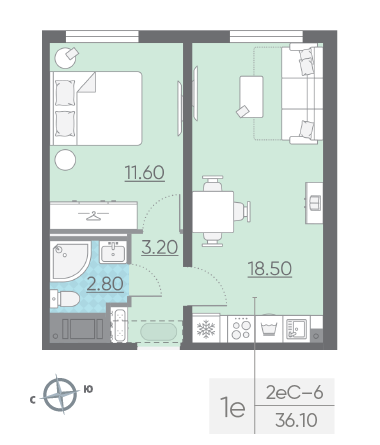 Однокомнатная квартира 36.1 м²