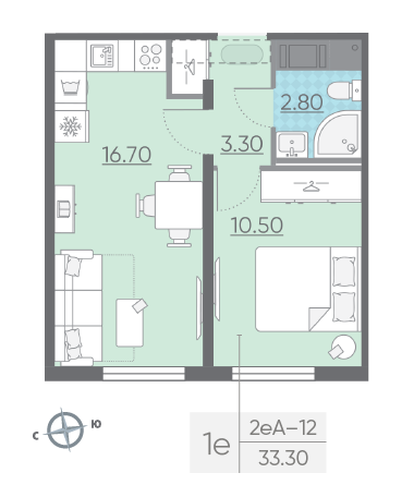 Однокомнатная квартира 33.3 м²