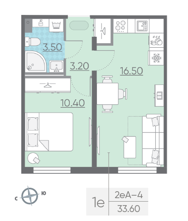Однокомнатная квартира 33.6 м²