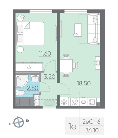 Однокомнатная квартира 36.1 м²